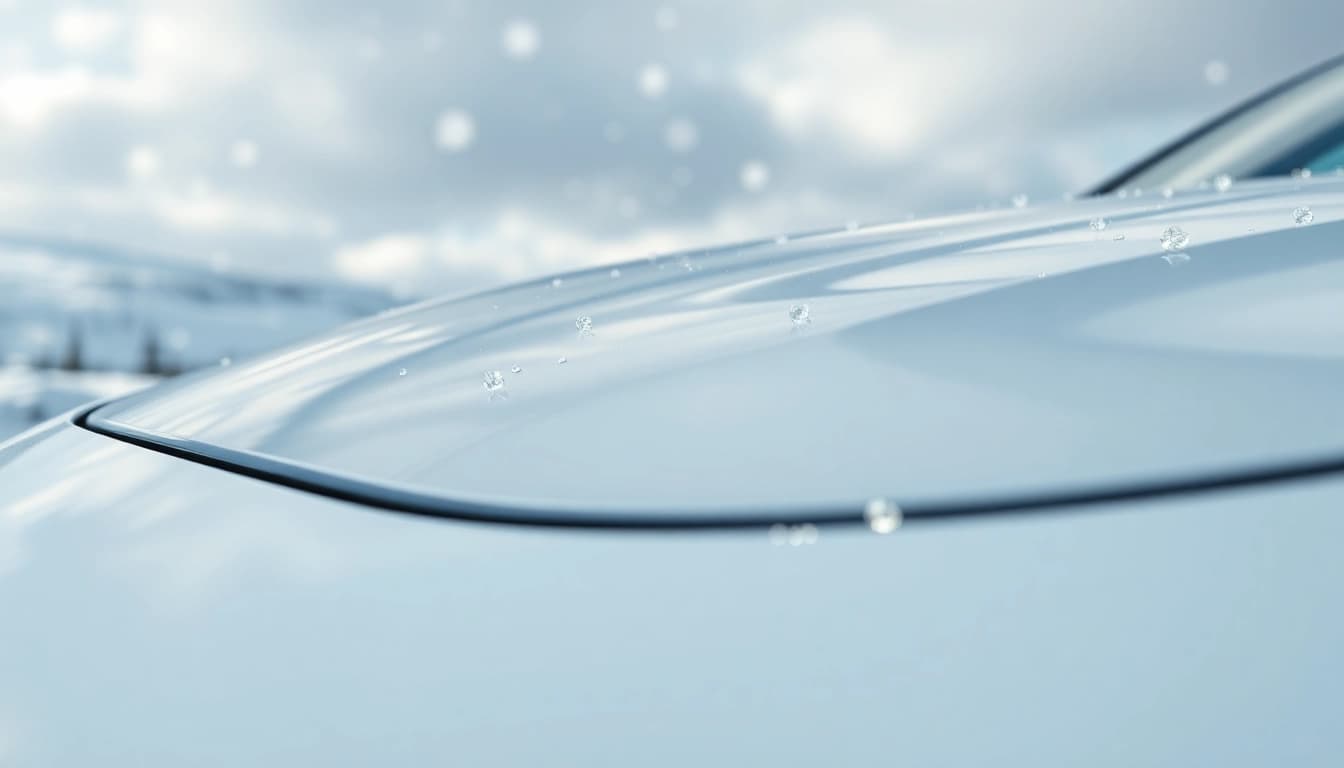 Enhance vehicle PPF winter road salt protection with a clear, shiny surface in snowy conditions.