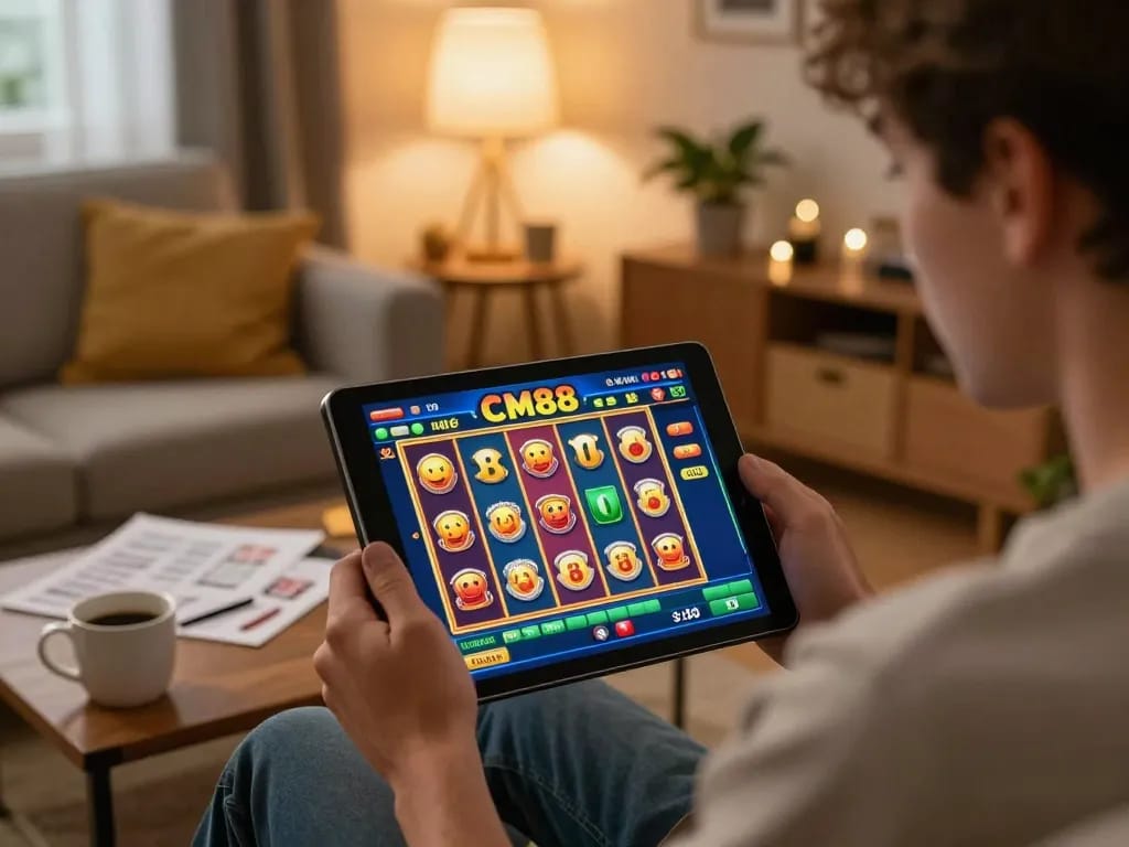 Player engaging with CM88 slots game on tablet in cozy home setting, promoting responsible gaming.