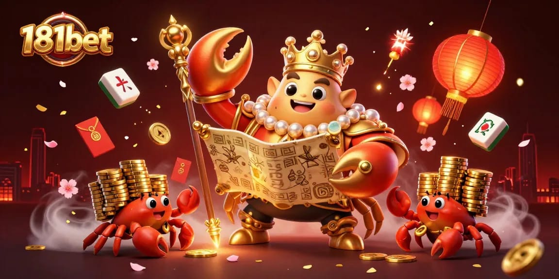 Experience exciting gameplay at 181bet with vibrant 3D illustration featuring a golden crab emperor amidst various casino elements.