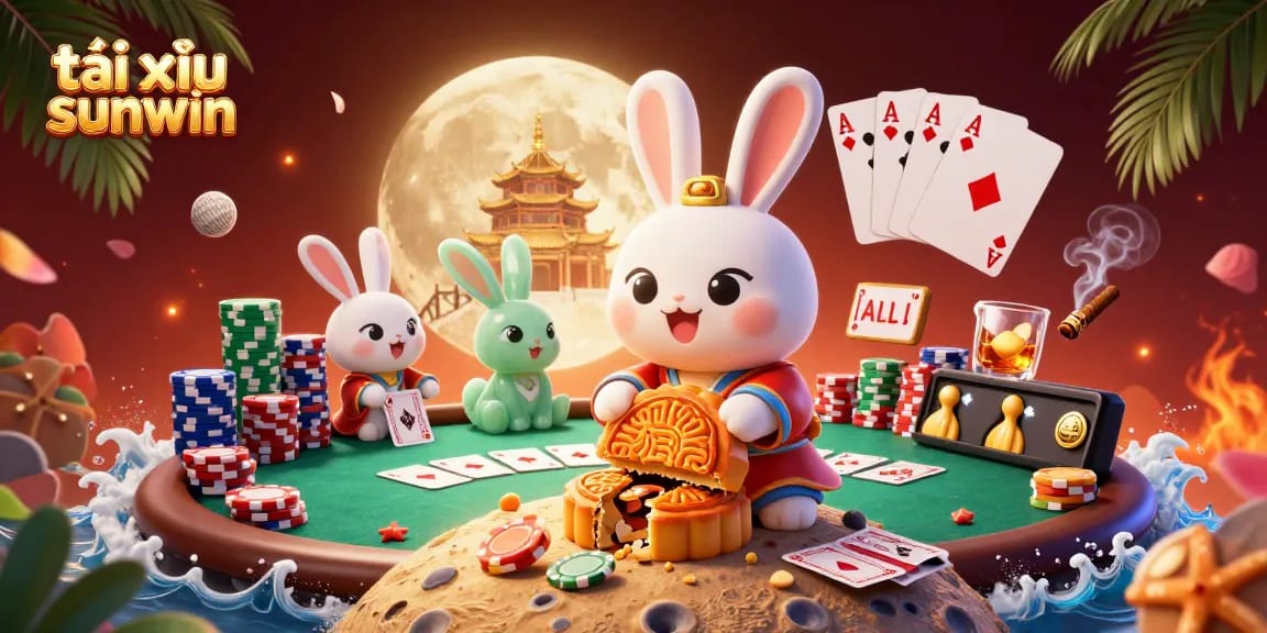 Engage in tài xỉu sunwin with moon rabbits, poker elements, and a vibrant casino scene.