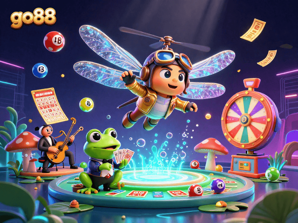 Engage in exciting moments with go88 as a dragonfly pilot hovers above lively gambling activities in a vibrant casino scene.