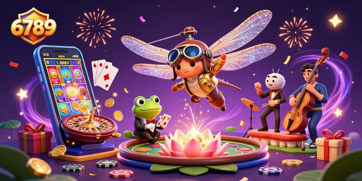 Experience 6789's thrilling casino action with a dragonfly pilot, frog croupier, and vibrant game elements.
