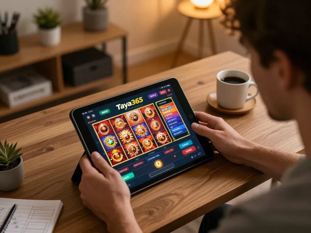 Engaging with the Taya365 app for online gaming at home while enjoying comfortable ambiance.