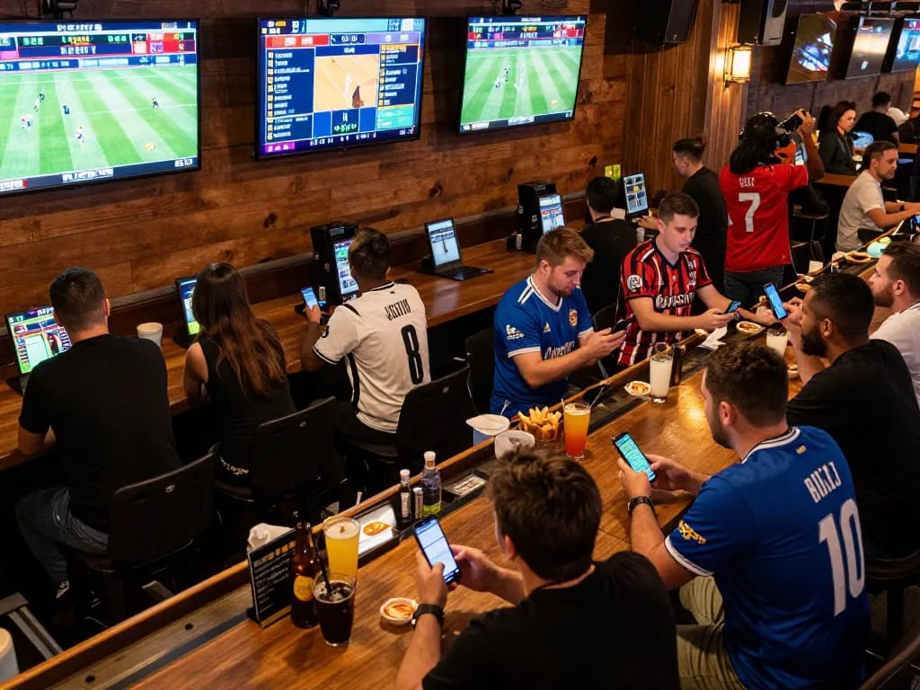Soi keo bettors enjoying live sports at a modern bar, showcasing screen displays and excitement.
