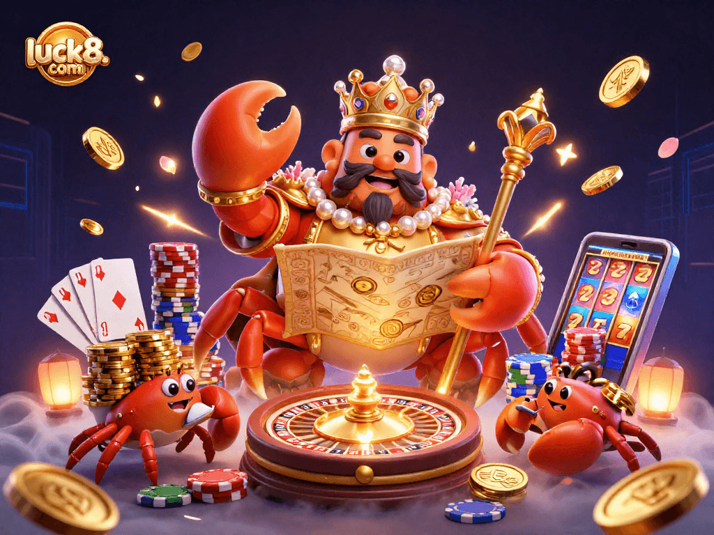 Experience the thrilling world of gambling at luck8. com with a golden crab emperor and vibrant casino elements.