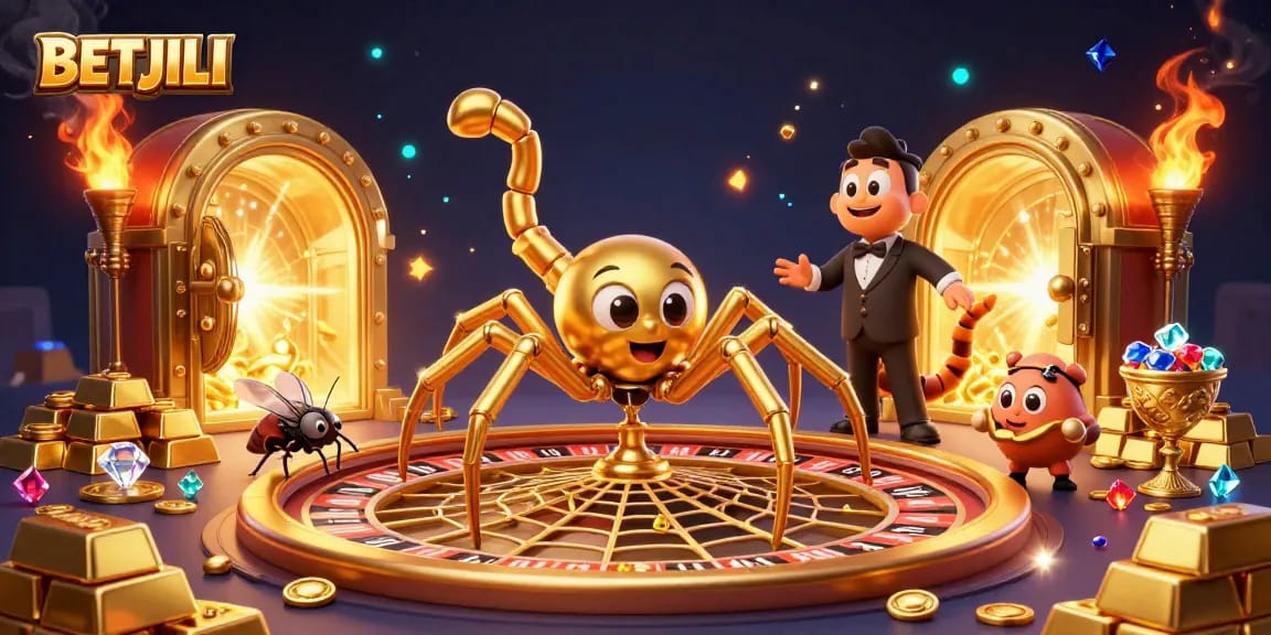 Experience BETJILI in this vibrant 3D casino scene with a golden spider, roulette web, and treasure.