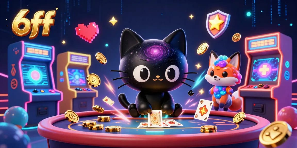 Experience thrilling wins with 6ff at a vibrant cosmic casino featuring a black hole cat and fox.