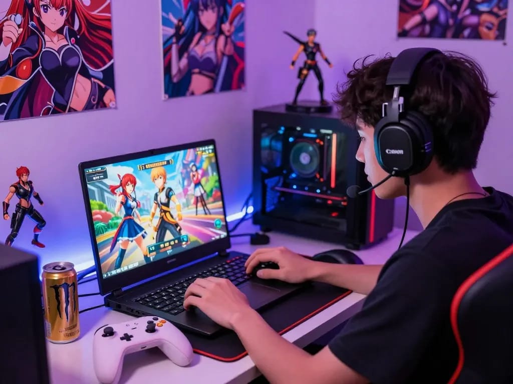 Player immersed in a hentai game with vibrant graphics in a modern gaming space.