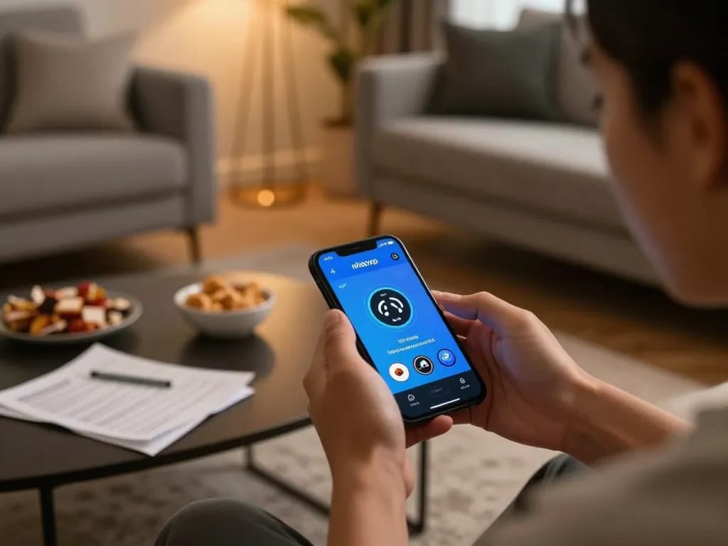 Playing the nhatvip app on a smartphone in a cozy living room, focusing on mobile gambling strategy.