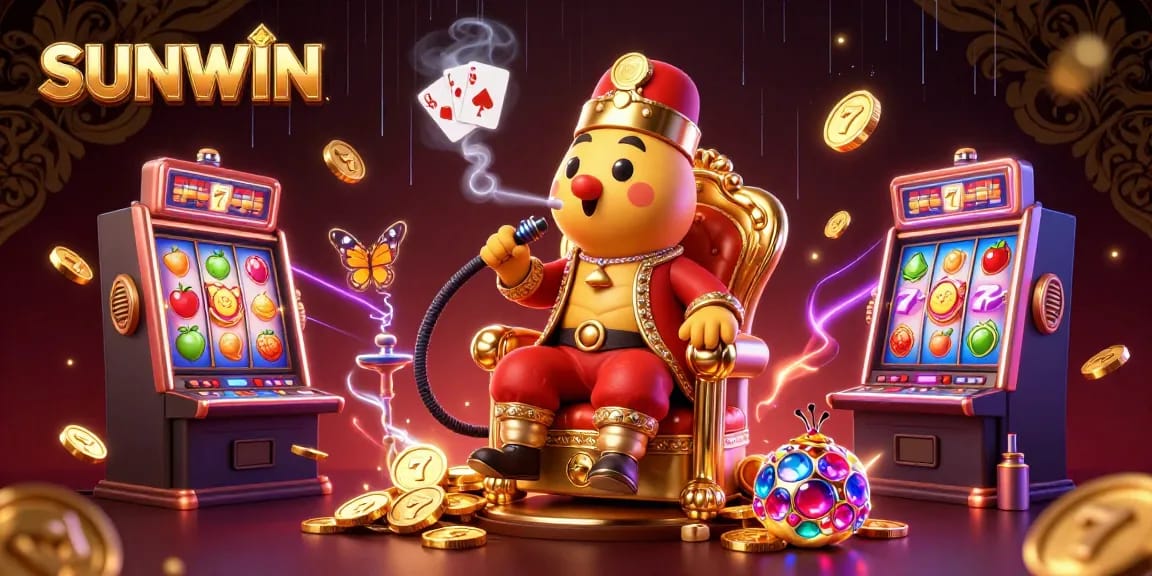 SUNWIN engages players with a vibrant cartoon illustration of a caterpillar character amidst spinning slot machines.