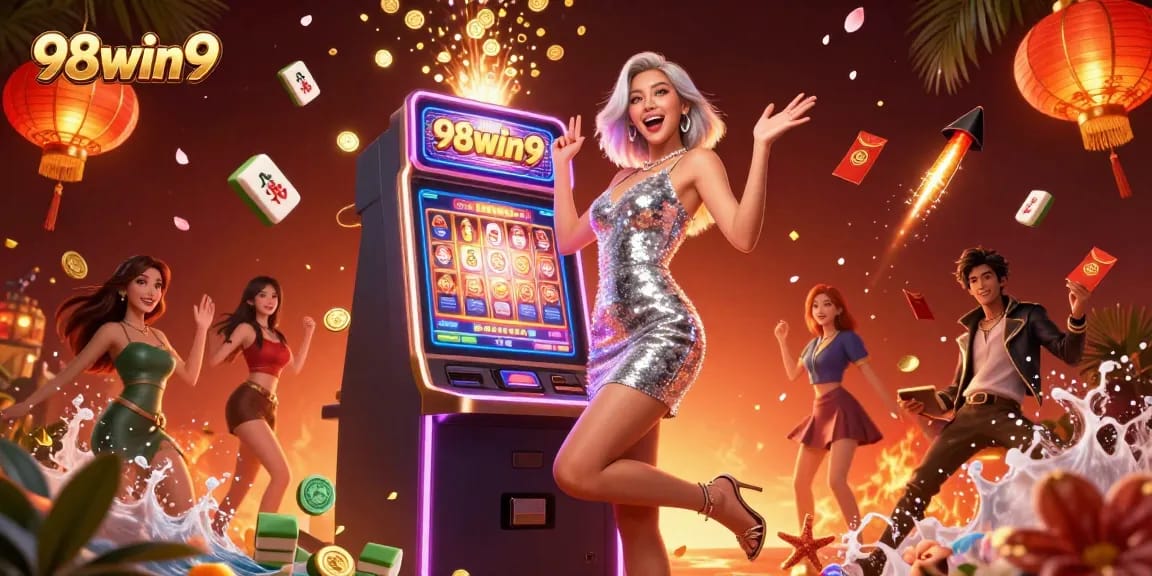 Spin jackpots with 98win9 at a lively casino, featuring exciting games and vibrant visuals.