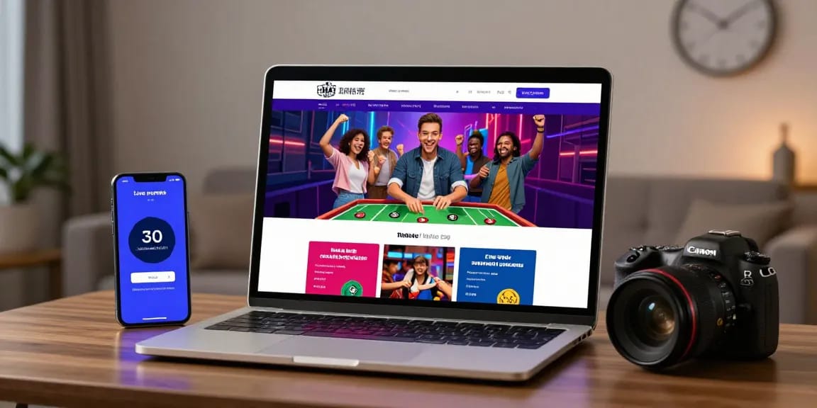 Engaging online gambling platform on laptop with vibrant graphics from https://da88m7.com, showcasing a person placing a bet.