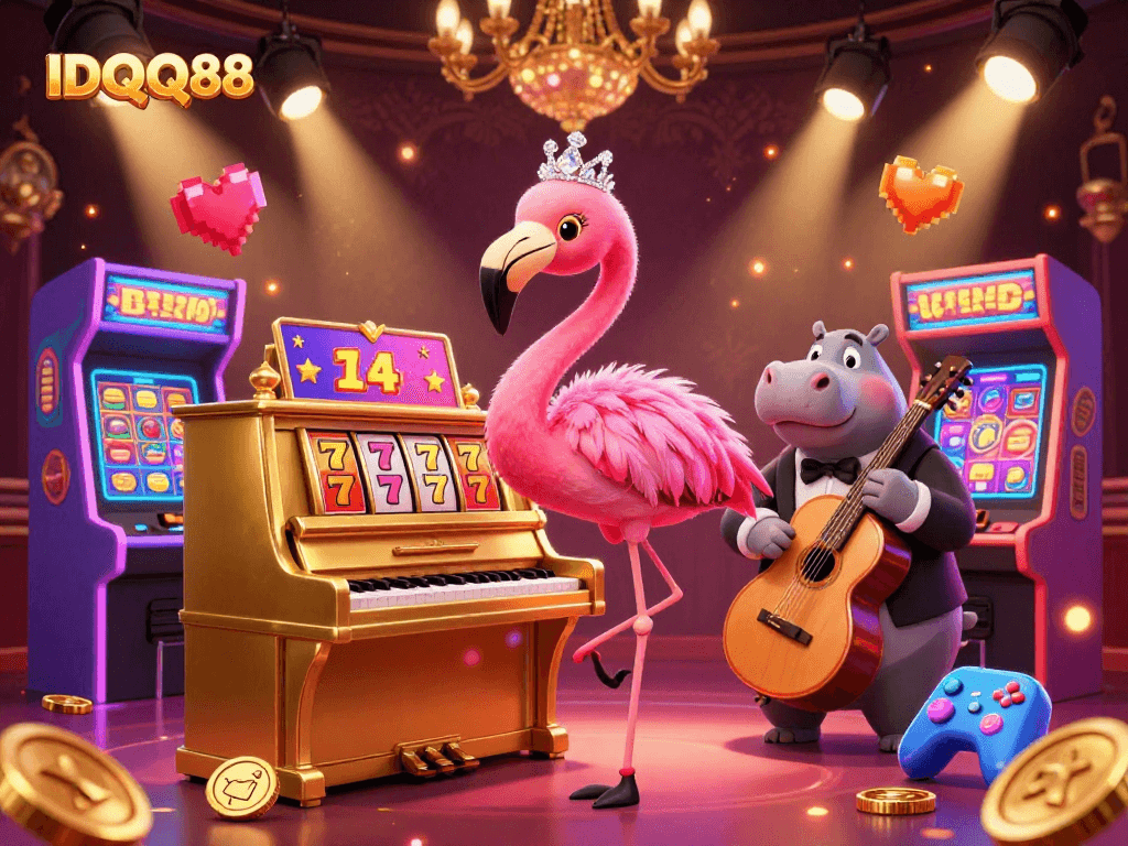 IDQQ88 players enjoy vibrant slots experience with flamingo singer and hippo bassist in a lively casino scene.