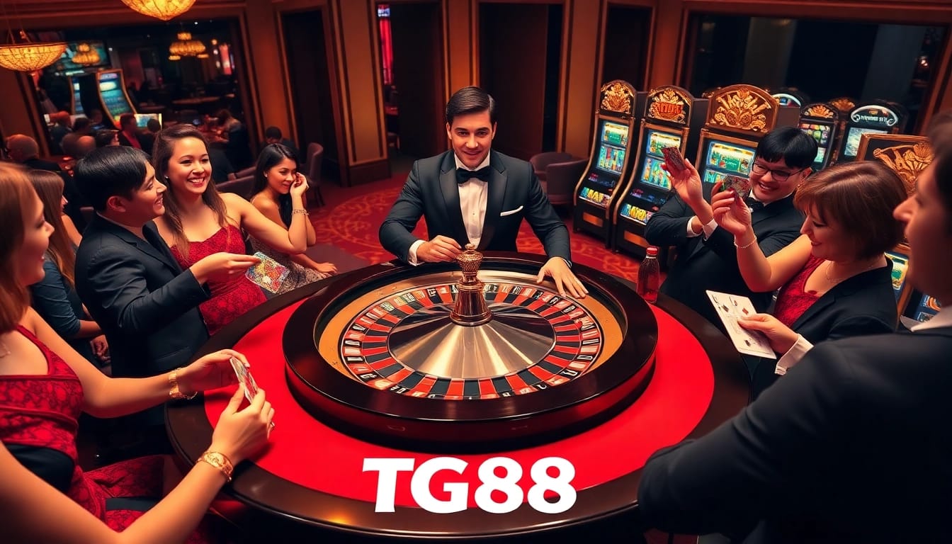 Exciting roulette gameplay at TG88 casino with players celebrating wins and vibrant chips.