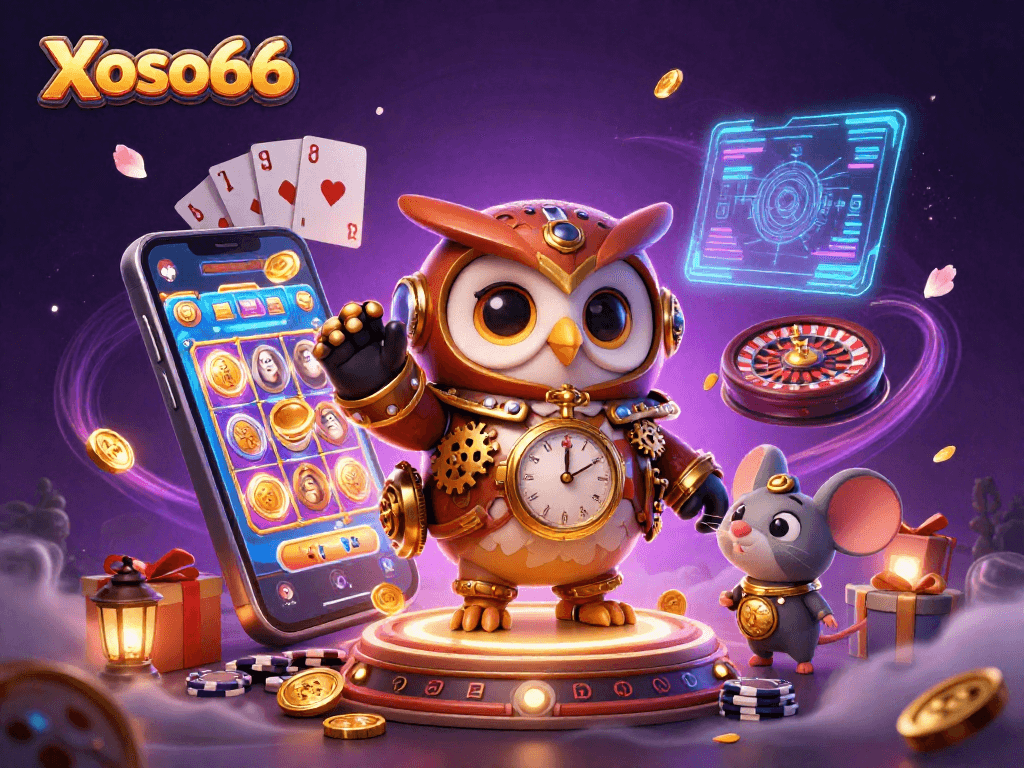Join the fun at Xoso66, where a time-traveler owl navigates a vibrant casino universe.