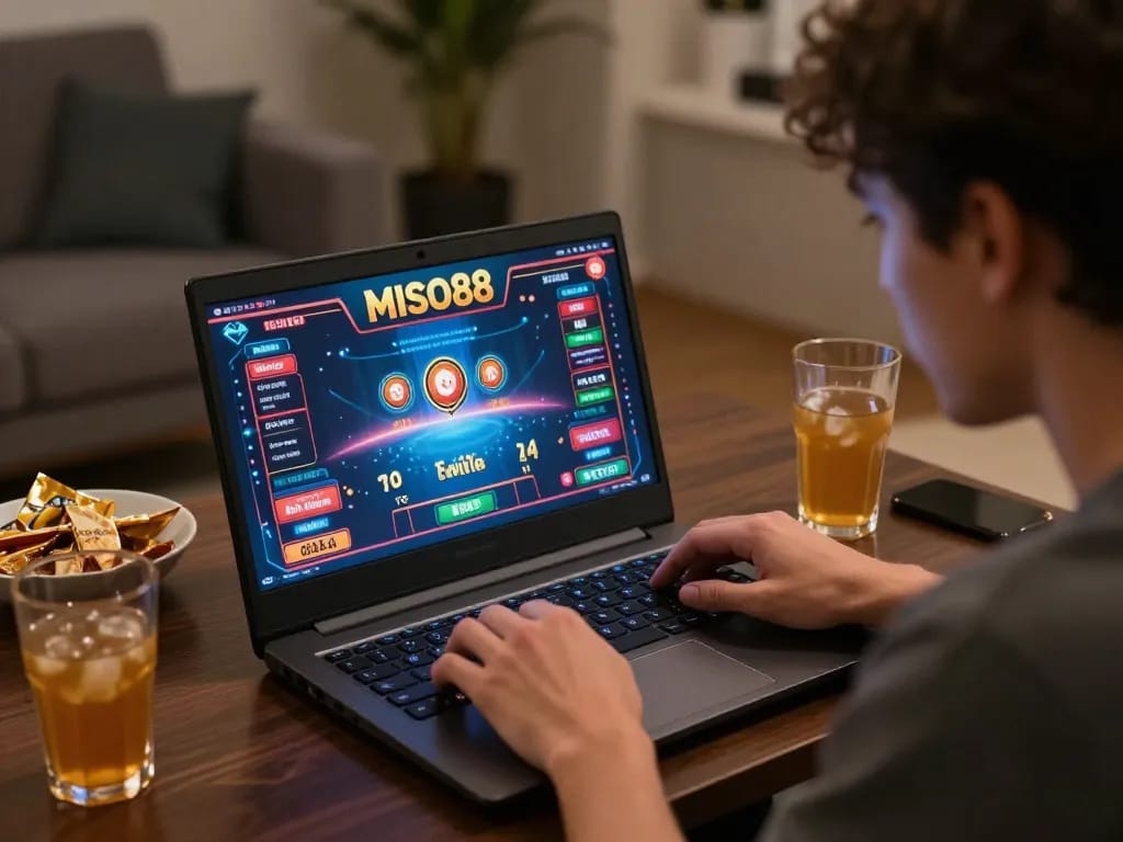 MISO88 player immersing in online betting with vibrant casino interface on laptop