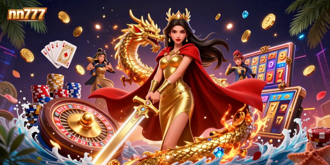 Engage with nn777's vibrant slots scene showcasing a warrior queen and golden dragon amid casino treasures.
