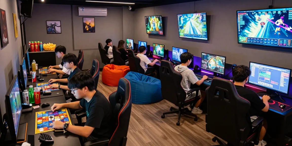 Group enjoying rikvip gaming experience in a vibrant gaming lounge.