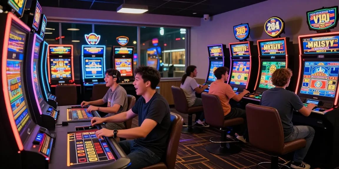Vibrant gaming lounge at https://sv88m7.com with players enjoying slot games and live dealers, neon lights enhancing the atmosphere.