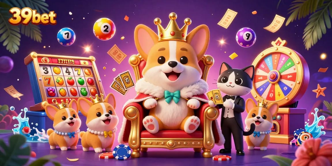 Engaging 39bet casino illustration with royal corgi, vibrant game elements, and thrilling dynamics.