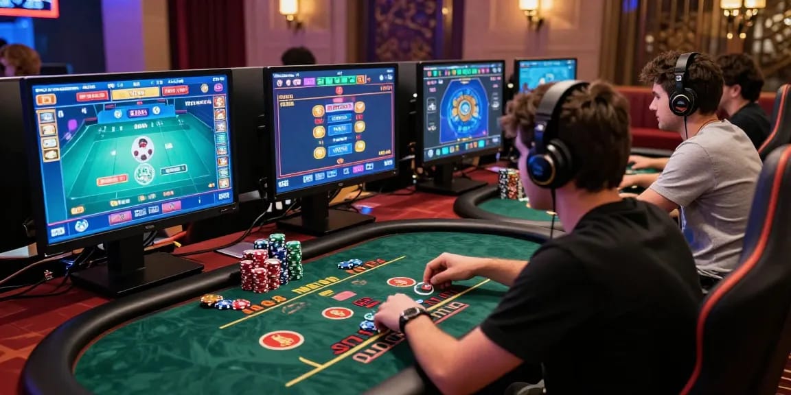 Pengalaman bermain 68gb dalam lingkungan kasino online yang mewah dengan pemain terlibat di meja kartu virtual.