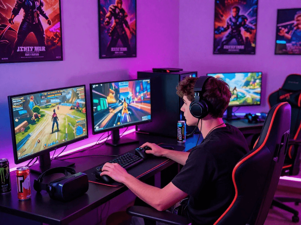 Engaged gamer enjoying a porn game online in a vibrant setting