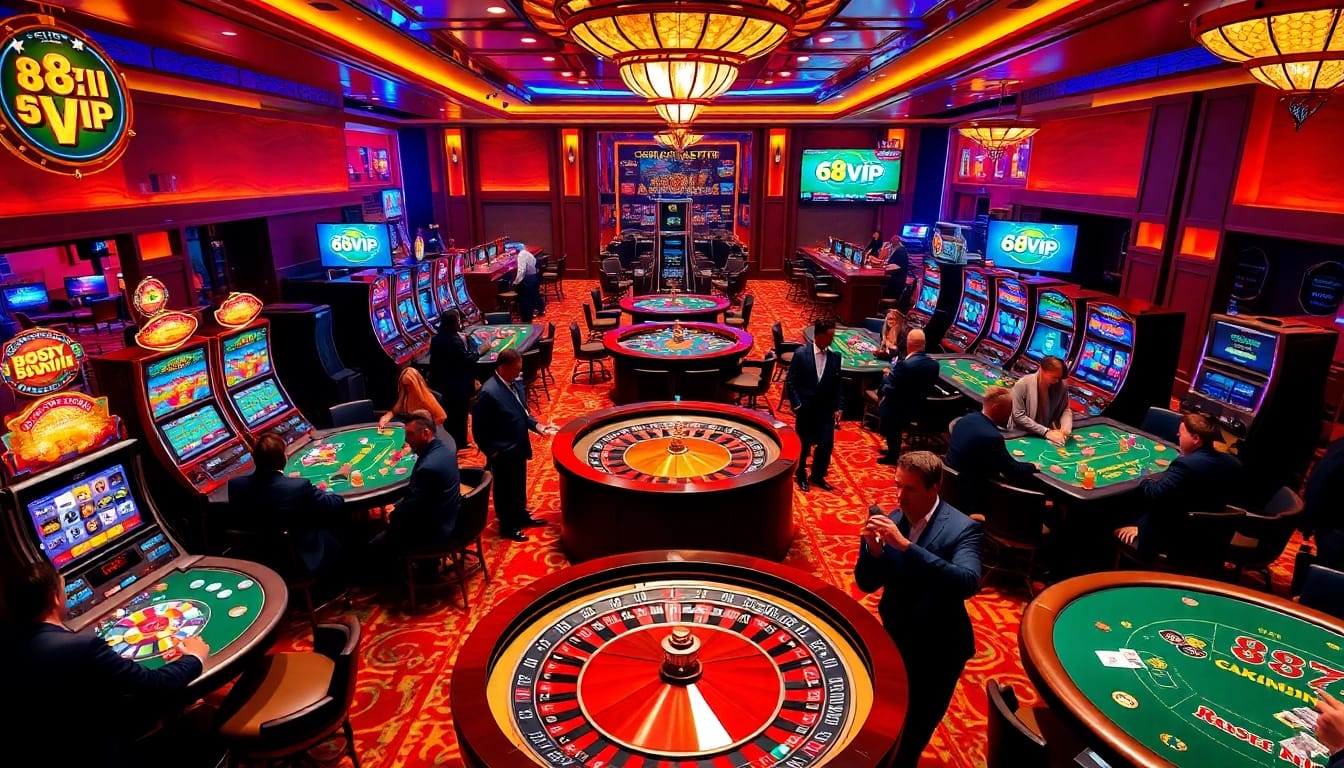 Experience the thrill at 68VIP with exciting slot machines and poker tables packed with players.