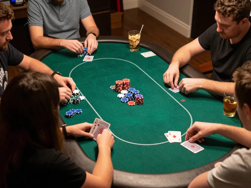 KJC players enjoying a thrilling home poker night with cards and chips in action