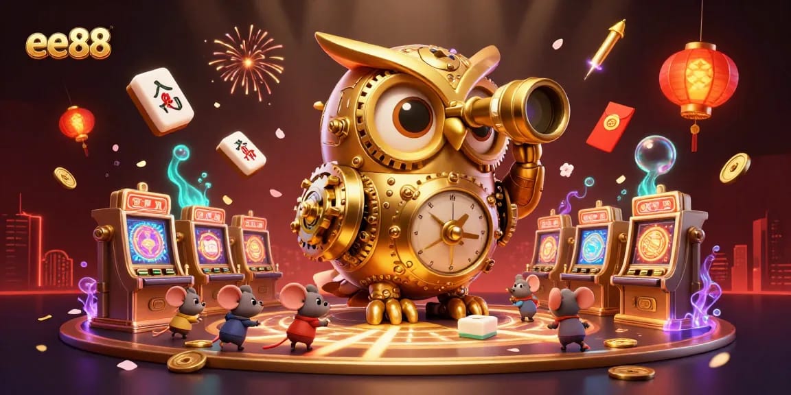 Experience thrilling slots with ee88 as an owl oversees a vibrant casino scene.