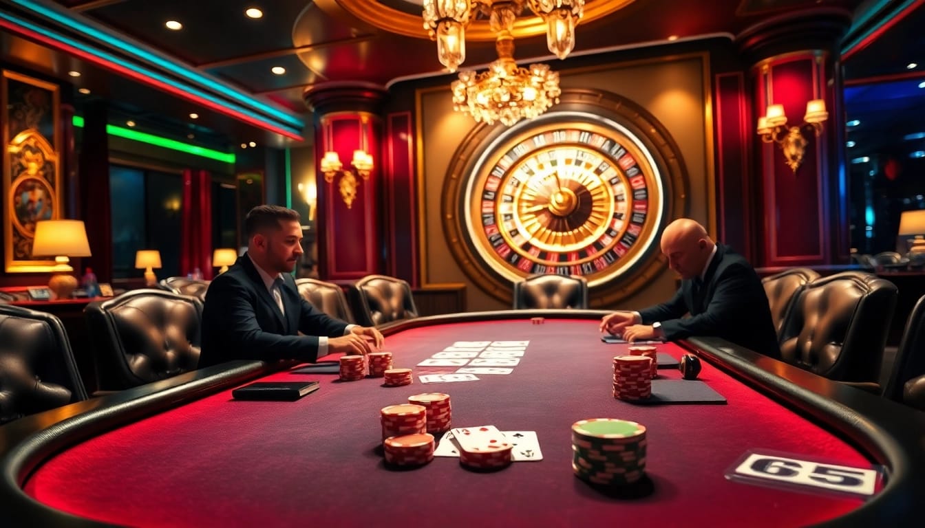 Experience high-stakes excitement at a luxurious 6FF casino table filled with polished poker chips and cards.