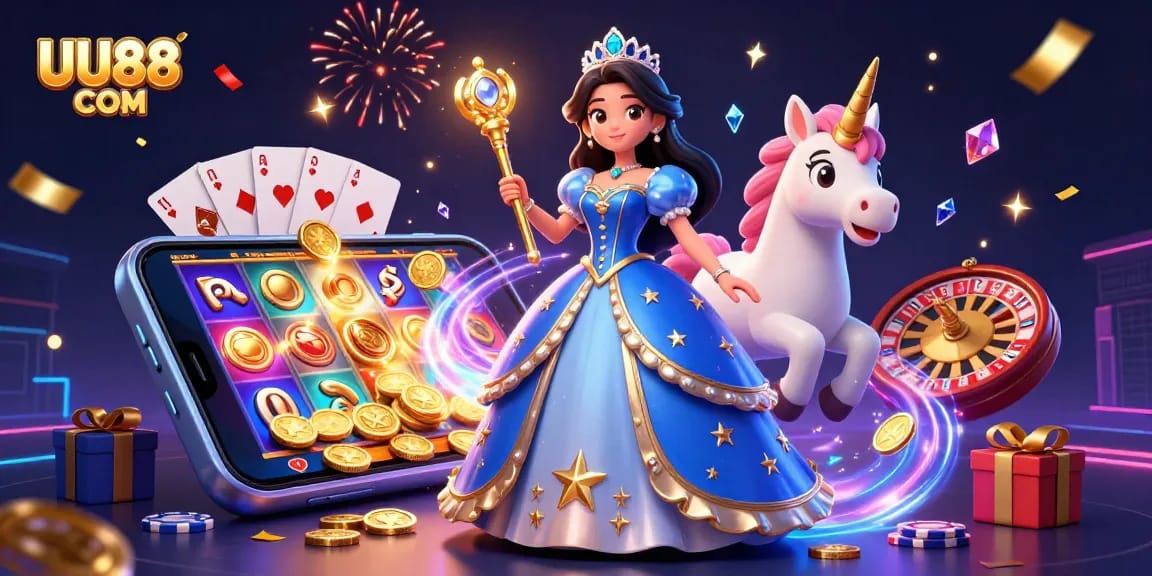 Win big with UU88 COM in this vibrant 3D casino scene showcasing games and excitement.
