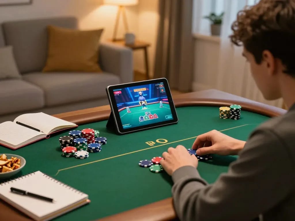 Engaged player enjoying poker on luckywin tablet in cozy home setting