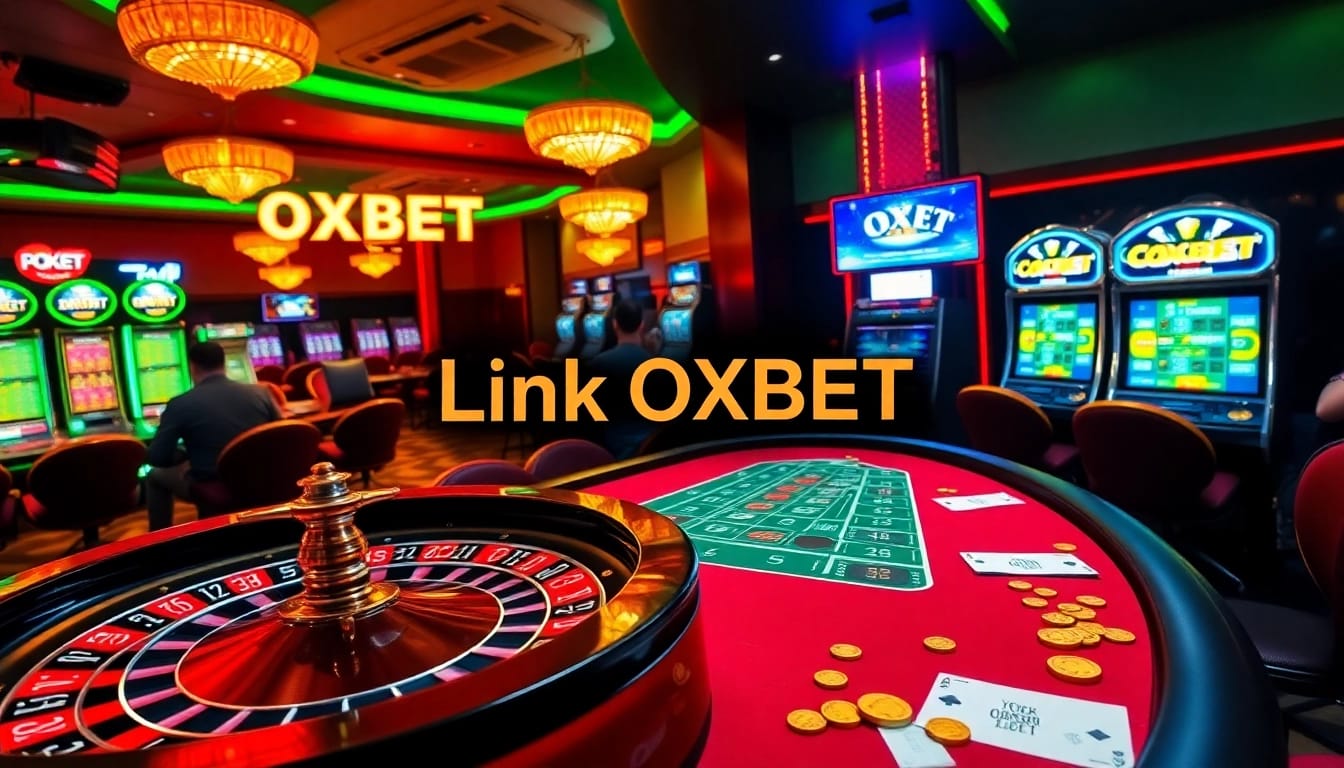 Experience the excitement of Link OXBET with players engaging at a vibrant casino, featuring roulette and slot machines.