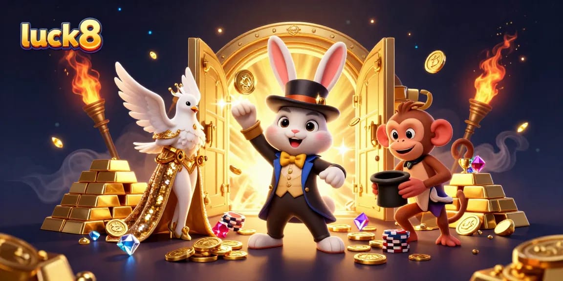 Luck8 casino scene with a magician rabbit, glamorous dove, and playful monkey amidst treasures.