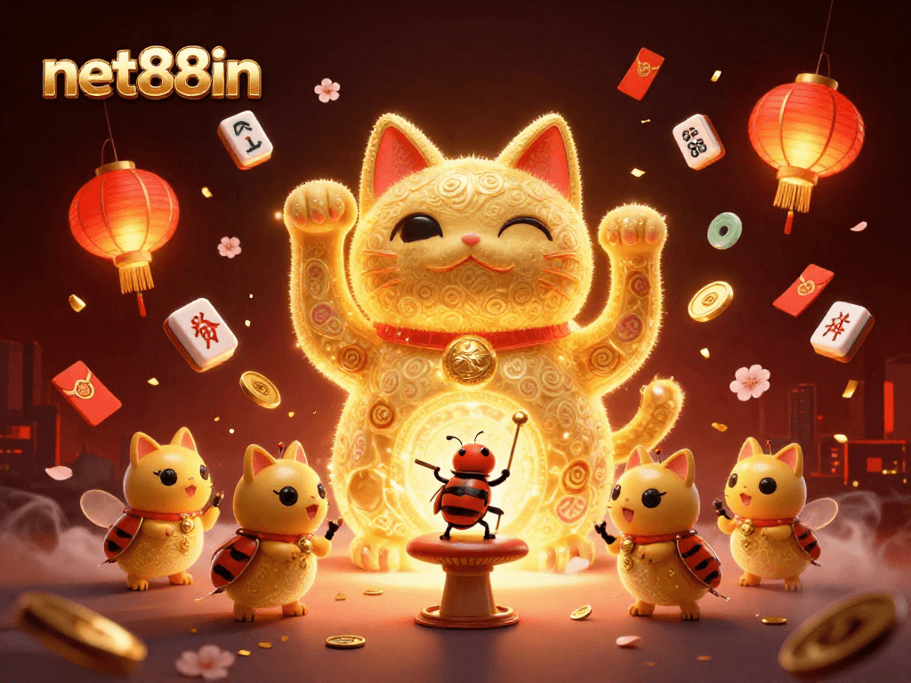 Experience the thrill of net88in with a vibrant illustration of a lucky cat and casino symbols.
