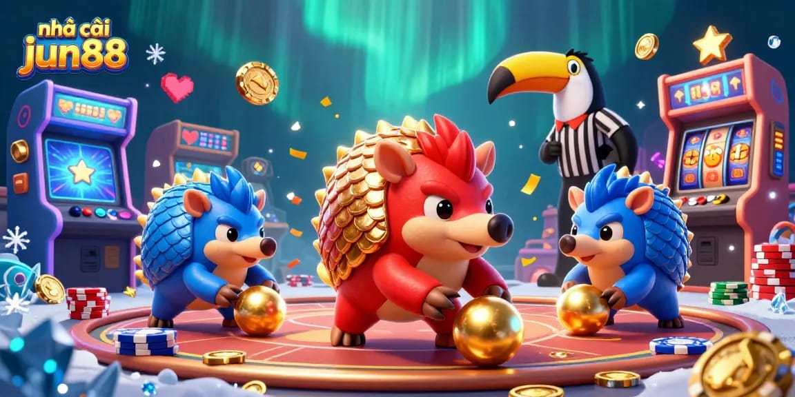 Play and win at nhà cái jun88 with dynamic 3D gambling characters in an exciting casino-inspired illustration.