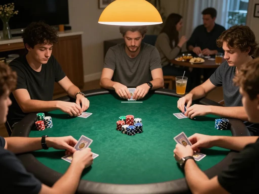 33win players strategizing their next move in an exciting home poker game atmosphere.