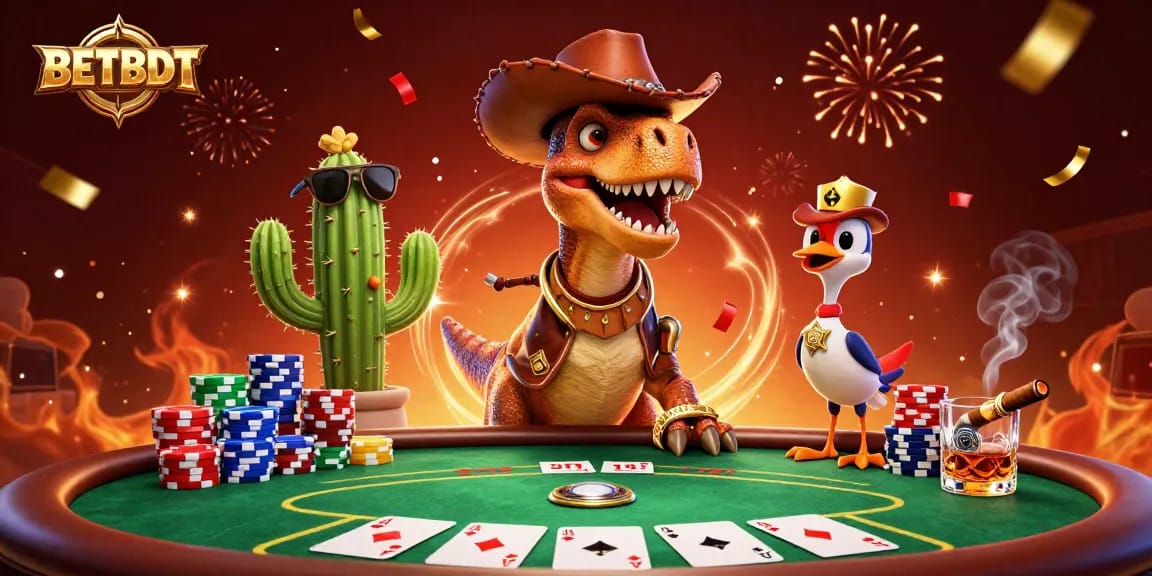 BETBDT showcases thrilling poker action with a cartoon dinosaur and characters in a lively casino setting.