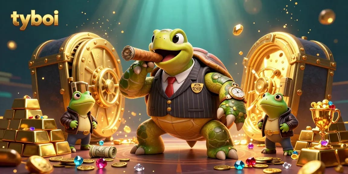 Experience the excitement of tyboi gaming with this vibrant casino scene featuring a snapping turtle mobster and bullfrogs.