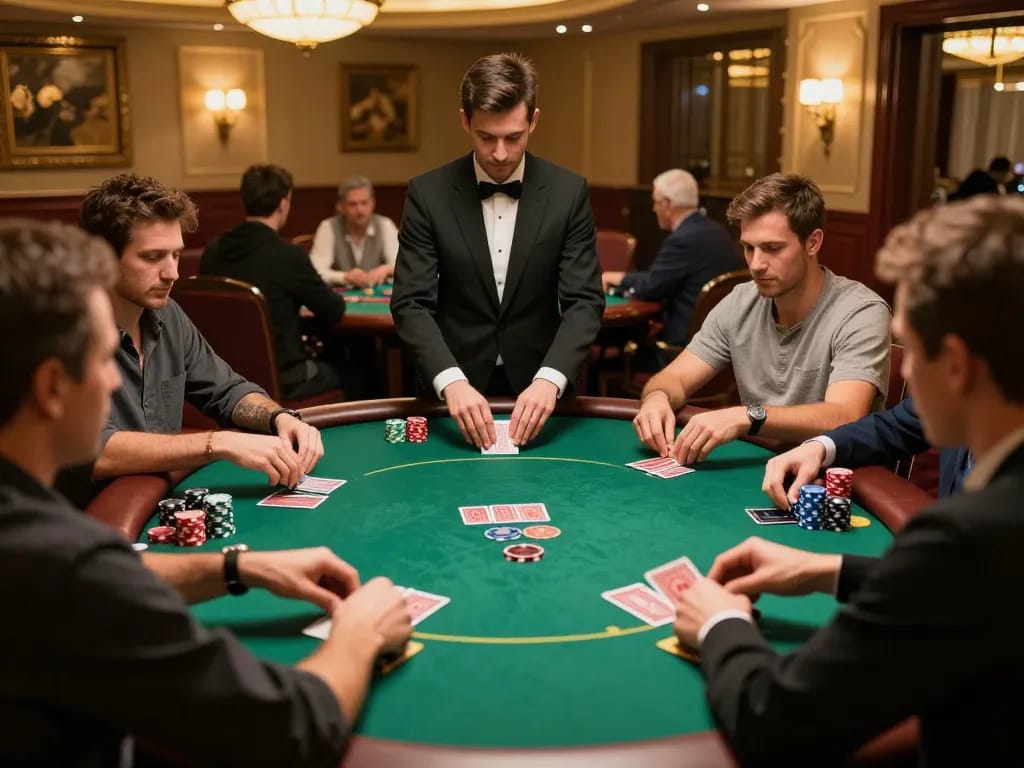 Players engaged in a poker game at SC88 casino tables, with intense focus on the gameplay.