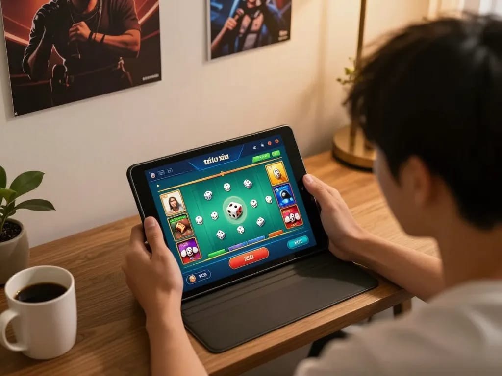 Player engaged in app tài xỉu online displayed on tablet, showcasing strategic gameplay in a cozy home setting.