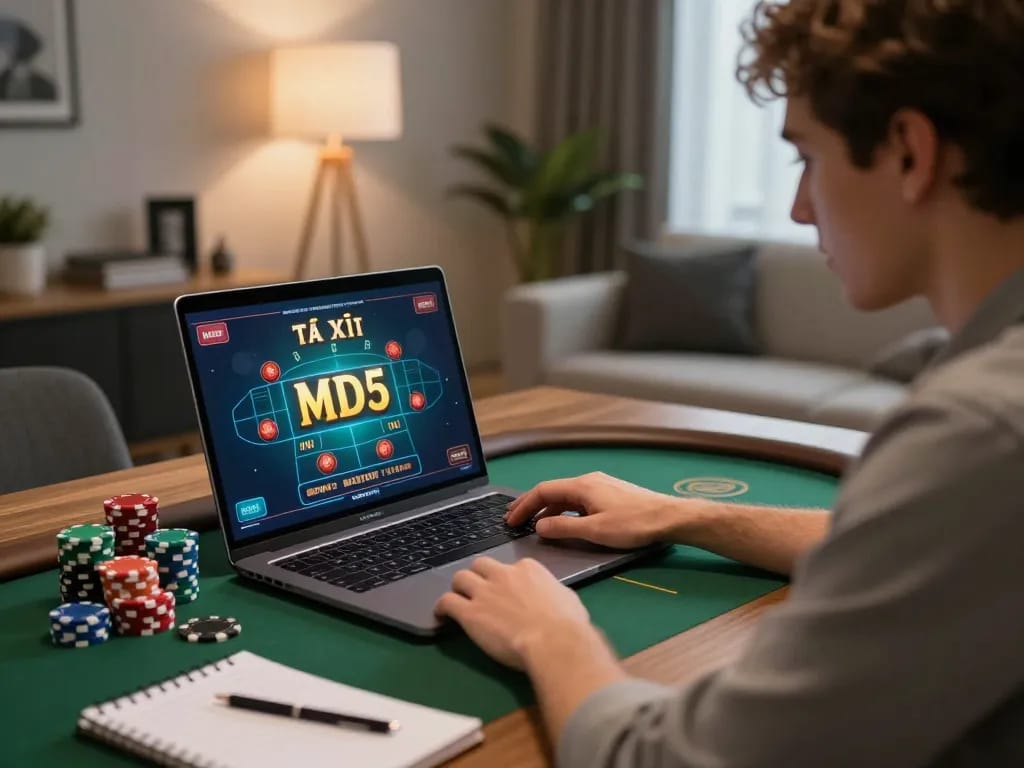 Engaging in Tài Xỉu MD5 gameplay at home on a laptop, showcasing a thrilling online gambling experience