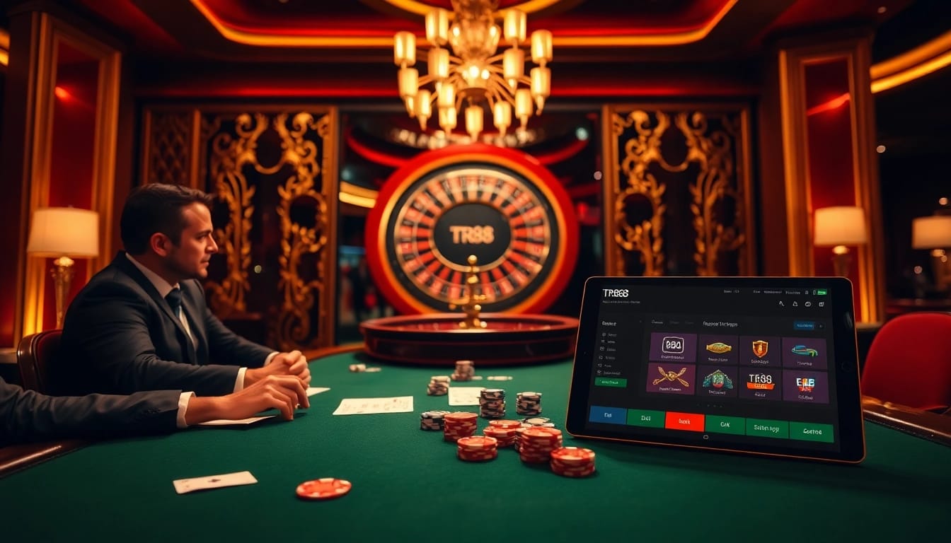 Players enjoying poker at a luxury casino table while engaging with TR88 betting options.