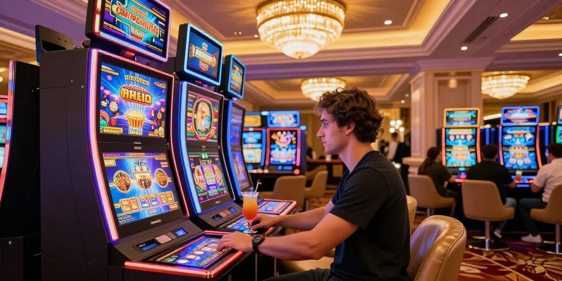Gran Poseidon online luxury casino experience with vibrant slot machines and engaging players.