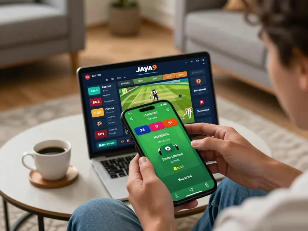 Engaging with Jaya9 Casino mobile app for cricket betting while seated comfortably at home.