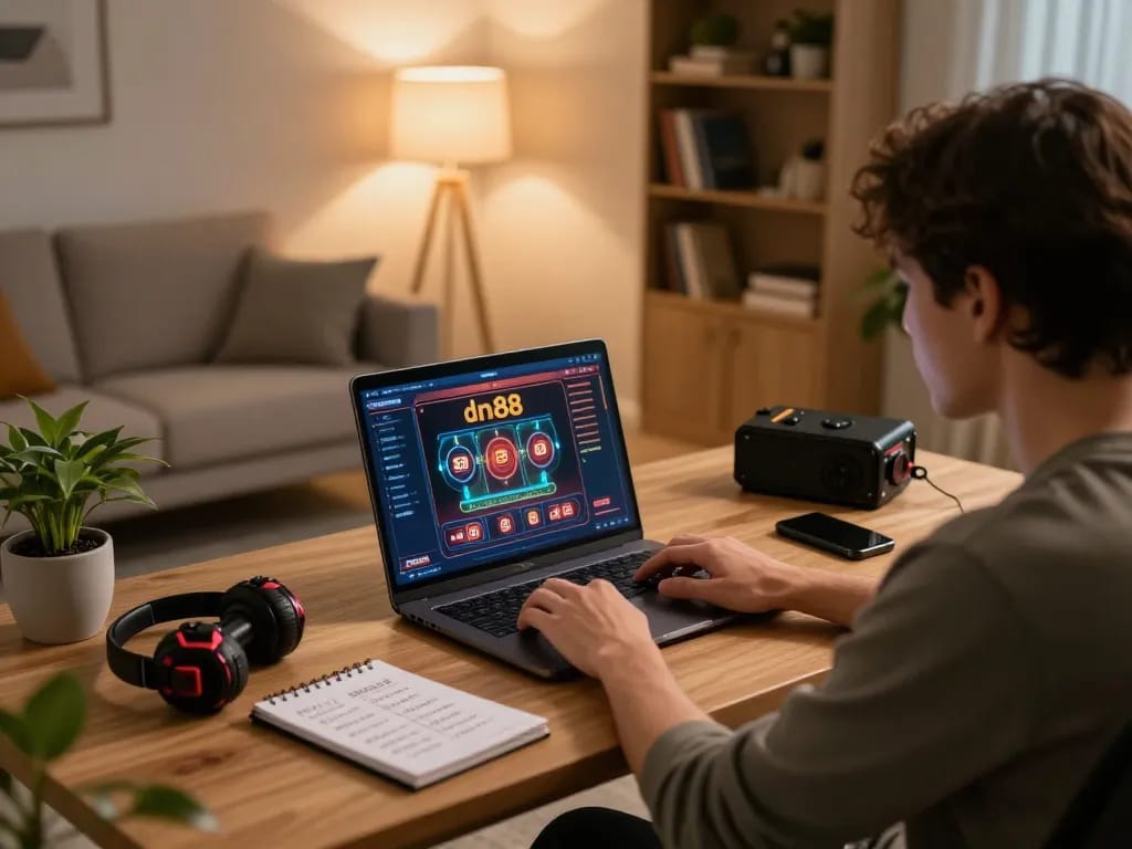 Engaged player strategizing wins at dn88 online casino platform with laptop setup.