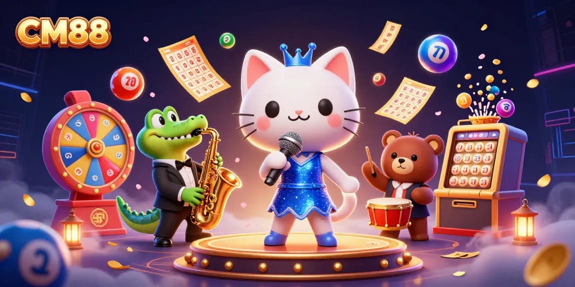 Experience CM88's lively casino atmosphere with animated characters and vibrant game elements.