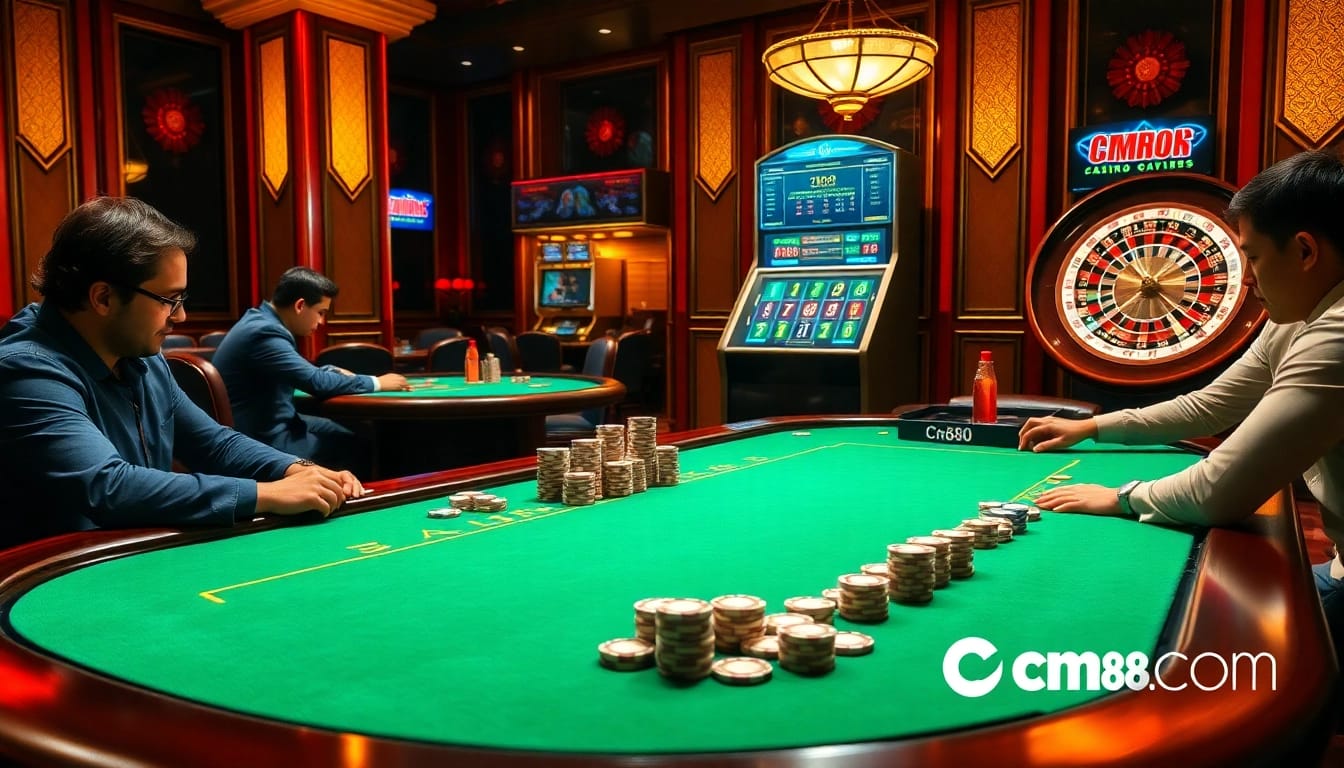 Players enjoying a vibrant poker game scene at cm88 com casino, showcasing excitement and luxury.