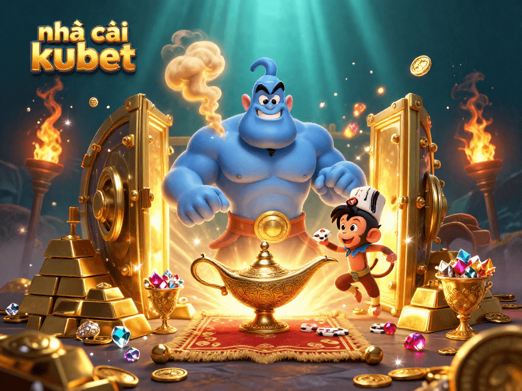 Engage with nhà cái kubet: magical scene with genies and treasures in a vibrant casino inspired illustration.