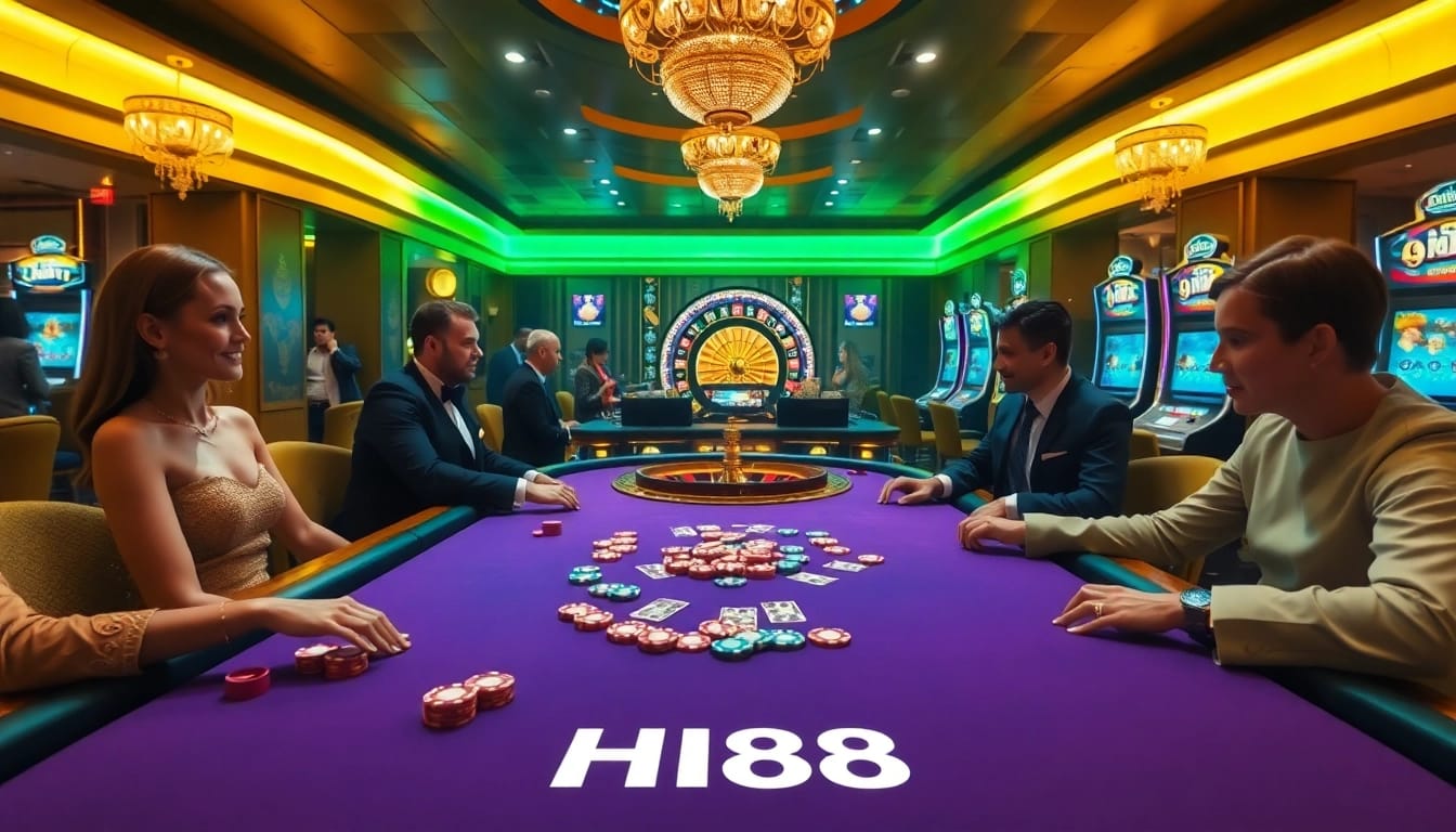 Players enjoy an exciting poker game at Hi88 casino, surrounded by vibrant tables and bright slot machines.